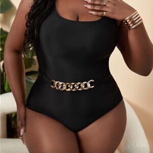 Black One-Piece Swimsuit with Gold Chain Belt